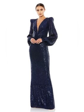 Mac Duggal Navy Sequin Long Sleeve V-Neck Gown